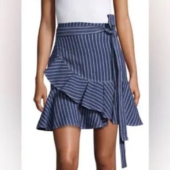 Alexis Anvivi Striped Linen Ruffle Wrap Mini Skirt. Denim blue/White. Size M. - Picture 1 of 6